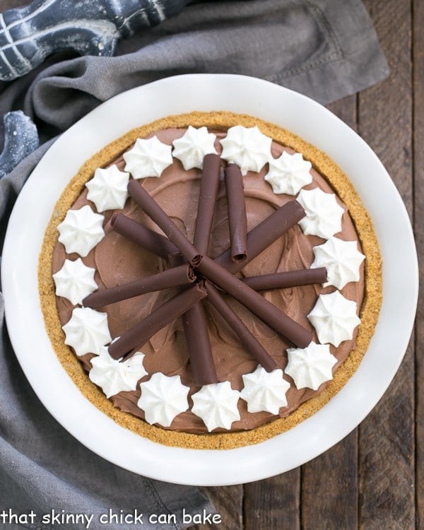Overhead view of Chocolate Cream Pie garnished with cream and chocolate curls