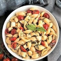 Overhead view of Tomato Basil Pasta Salad