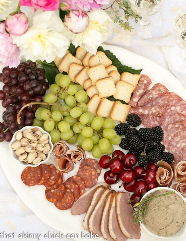 Overhead view of a charcuterie platter.