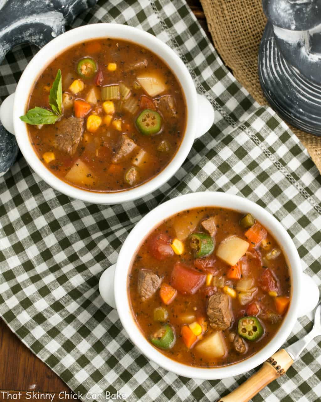 Overhead view of two bowls of vegetable beef soup.