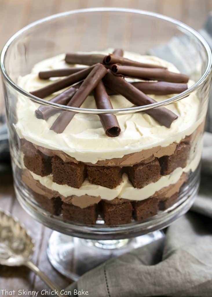  Side view of a Fudgy Brownie Trifle with Chocolate Mousse in a glass trifle bowl