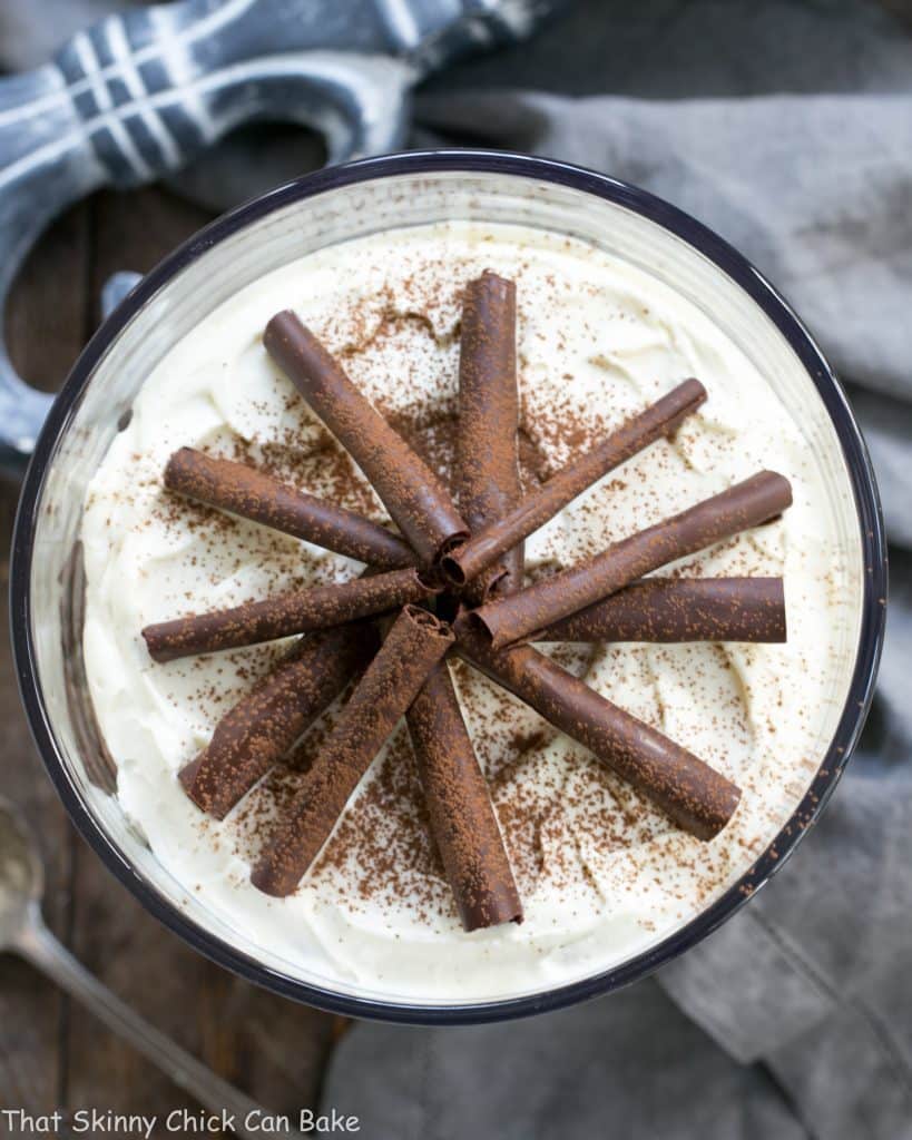 Overhead view of Fudgy Brownie Trifle with Chocolate Mousse and topped with chocolate curls