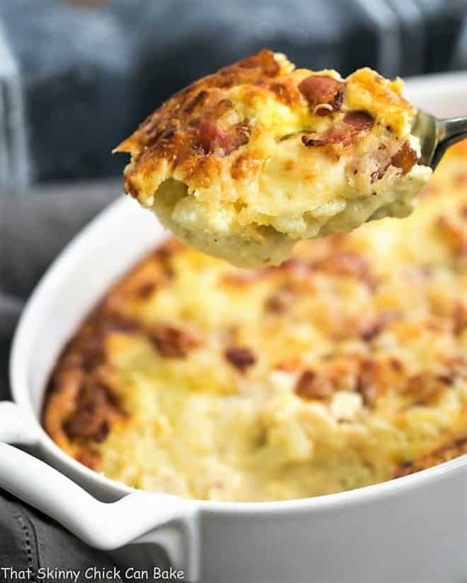 A close up of a spoonful of Cauliflower Gratin