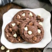 Triple Chocolate Fudge Cookies on a square white plate