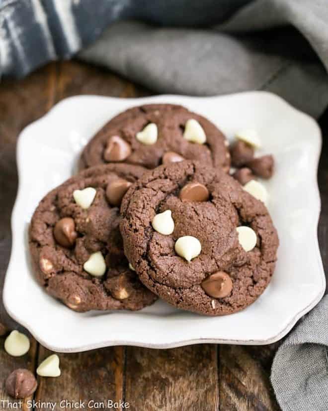 Triple Chocolate Fudge Cookies on a square white plate