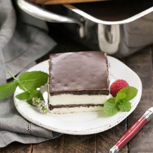 No Bake Chocolate Lasagna slice on a white plate