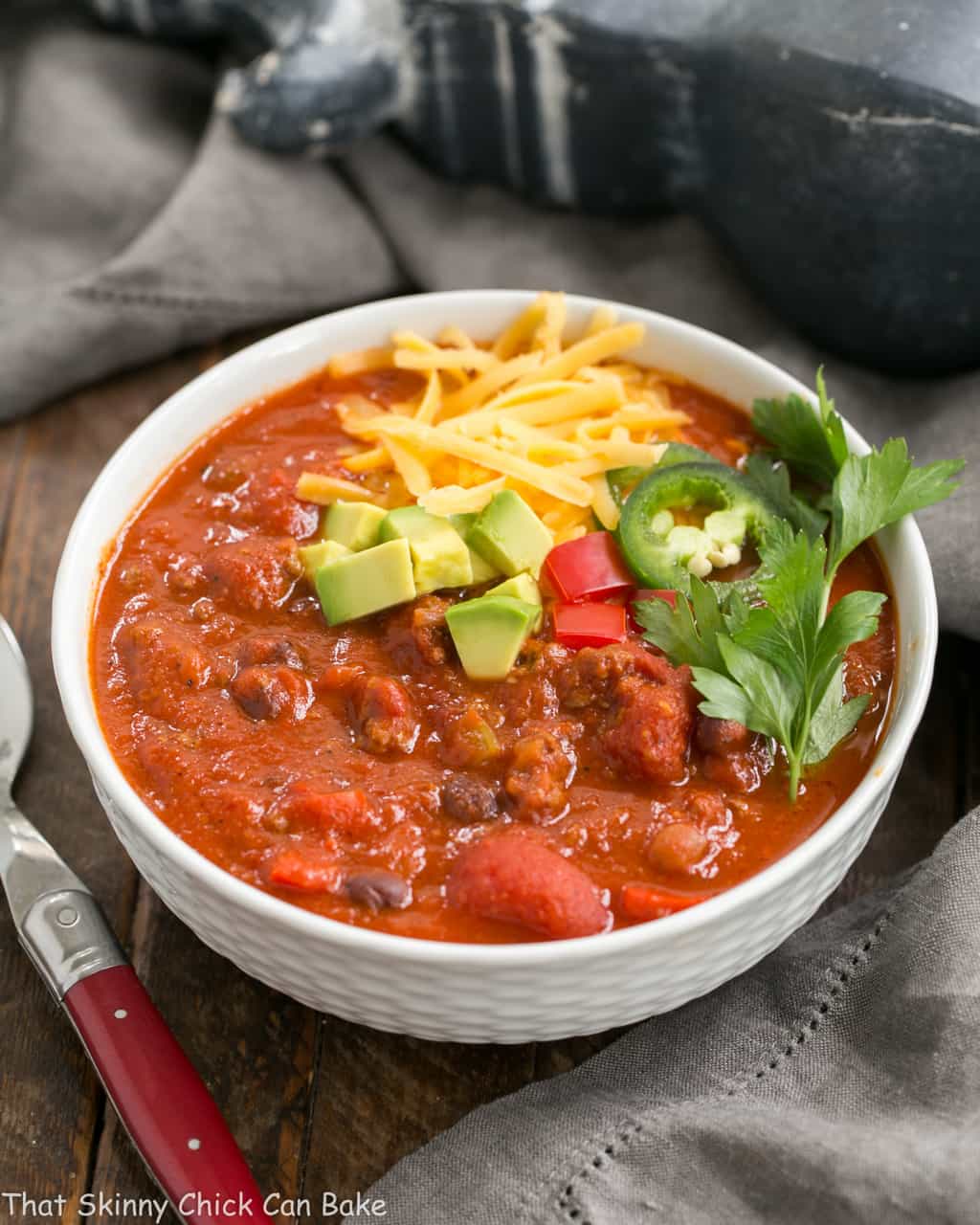 Easy Black Bean Chili in a white soup bowl.