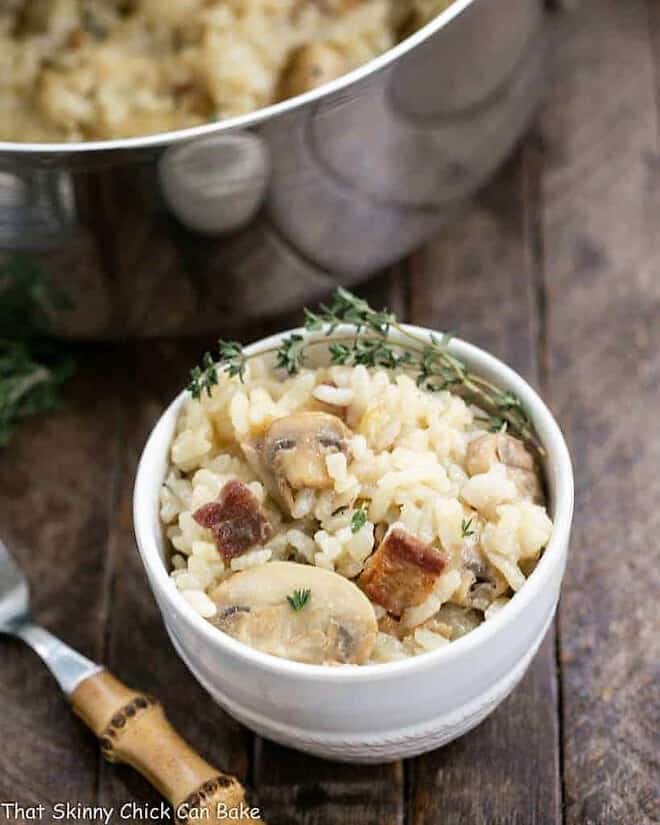 Overhead view of a small bowl of Bacon Mushroom Risotto with Caramelized Onions 