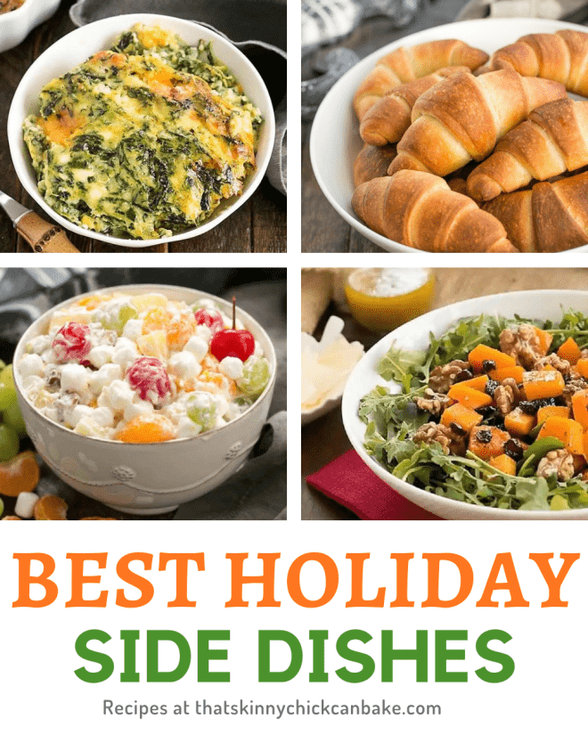 Best Holiday Side Dishes collage with 4 side dish photos over an orange and green title text box