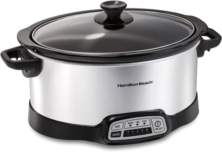 Silver slow cooker with black handles and trim