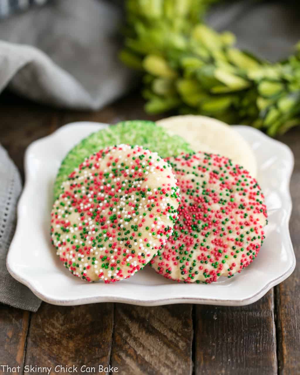 Old-Fashioned Amish Sugar Cookies on a white square plate.