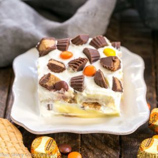 Peanut Butter Cookie Lasagna | An incredible no-bake dessert layered with pb sandwich cookies, vanilla pudding, whipped cream, pb cups and a drizzle of melted peanut butter!!