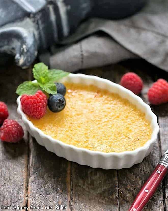 White Chocolate Crème Brûlée in a white ramekin.