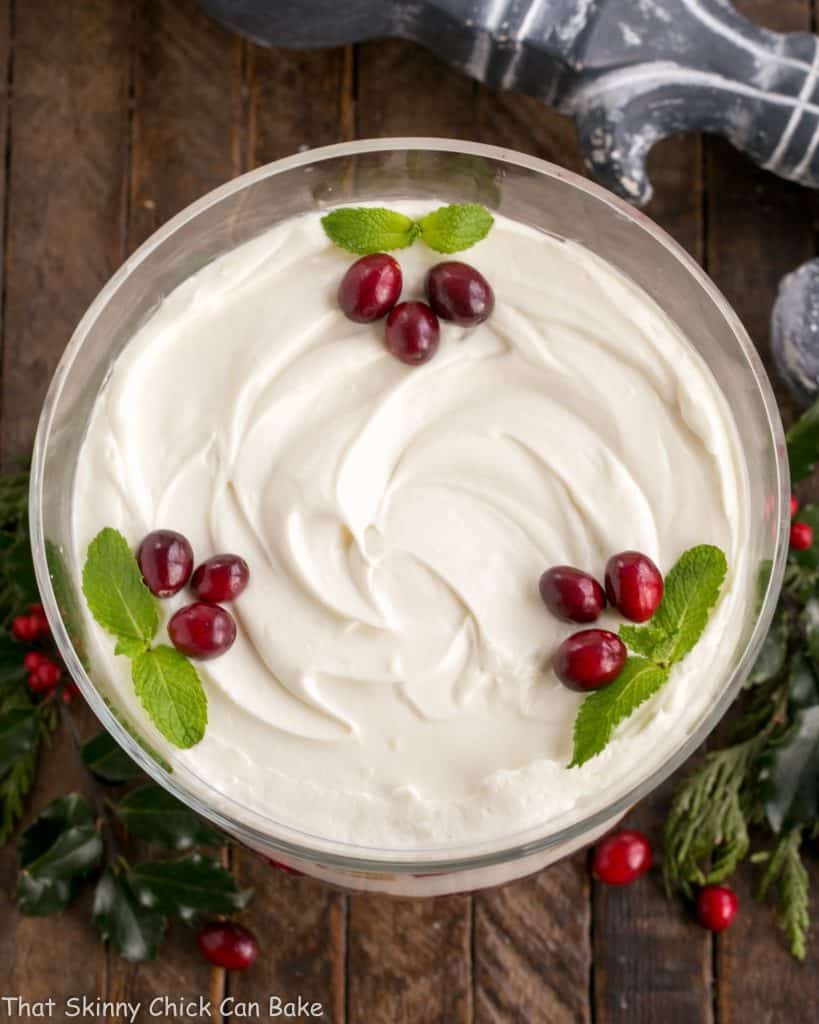 overhead image of a semi-homemade Cranberry Cheesecake Trifle 