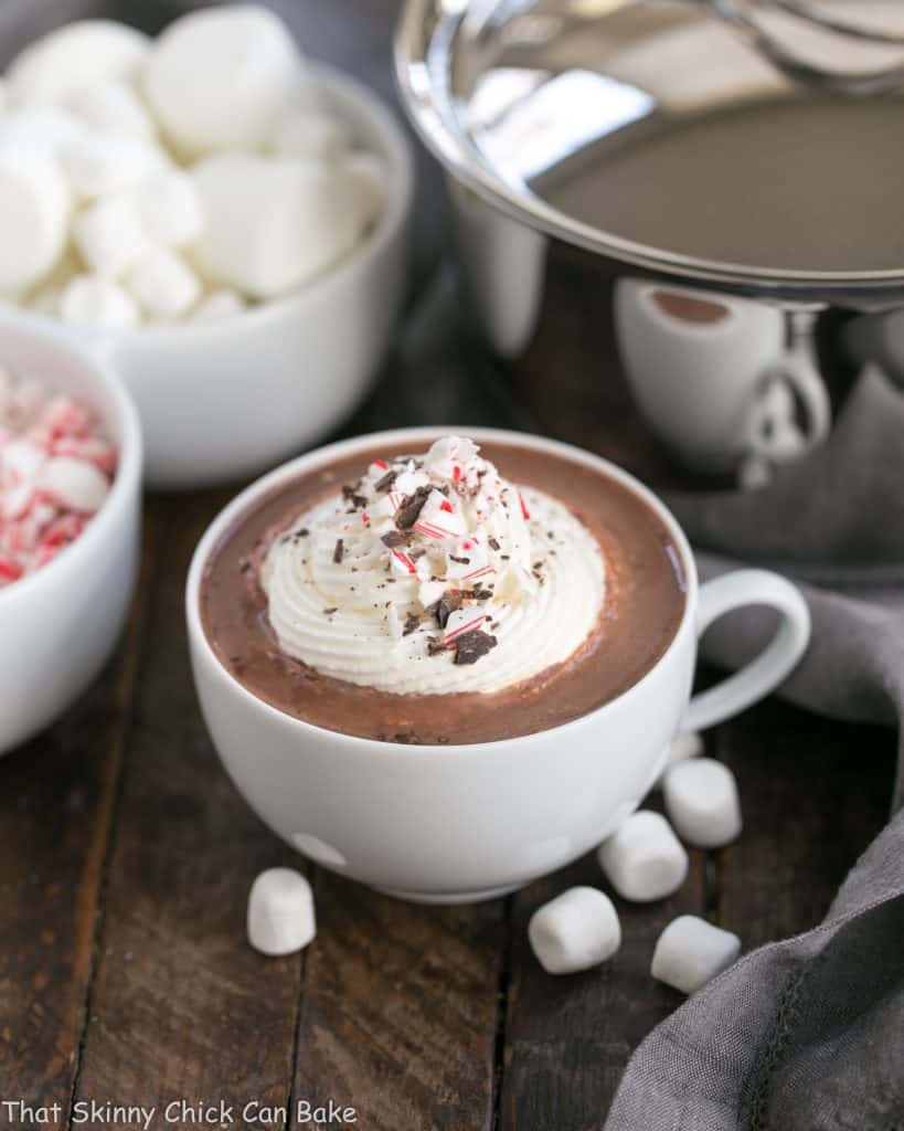 Easy Peppermint Hot Chocolate in a mug topped with whipped cream and candy cane shards