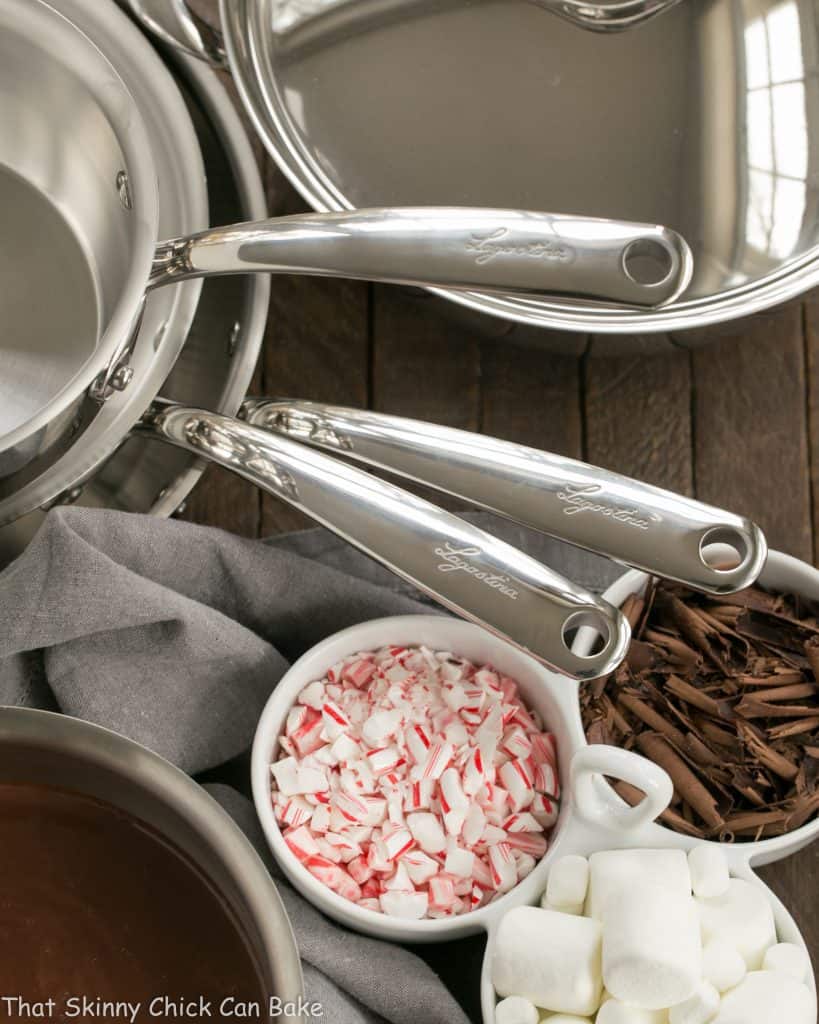 Easy Peppermint Hot Chocolate pans and garnishes