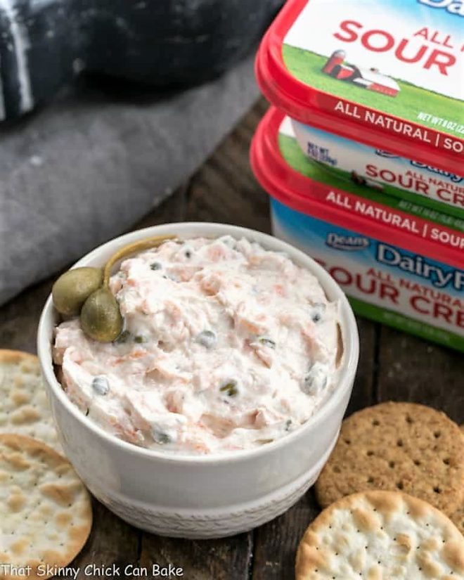 holiday party dip made with smoked salmon, and capers