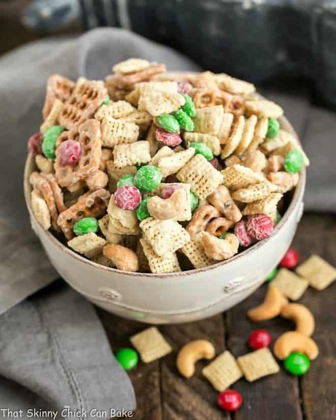 a bowl of festive party mix