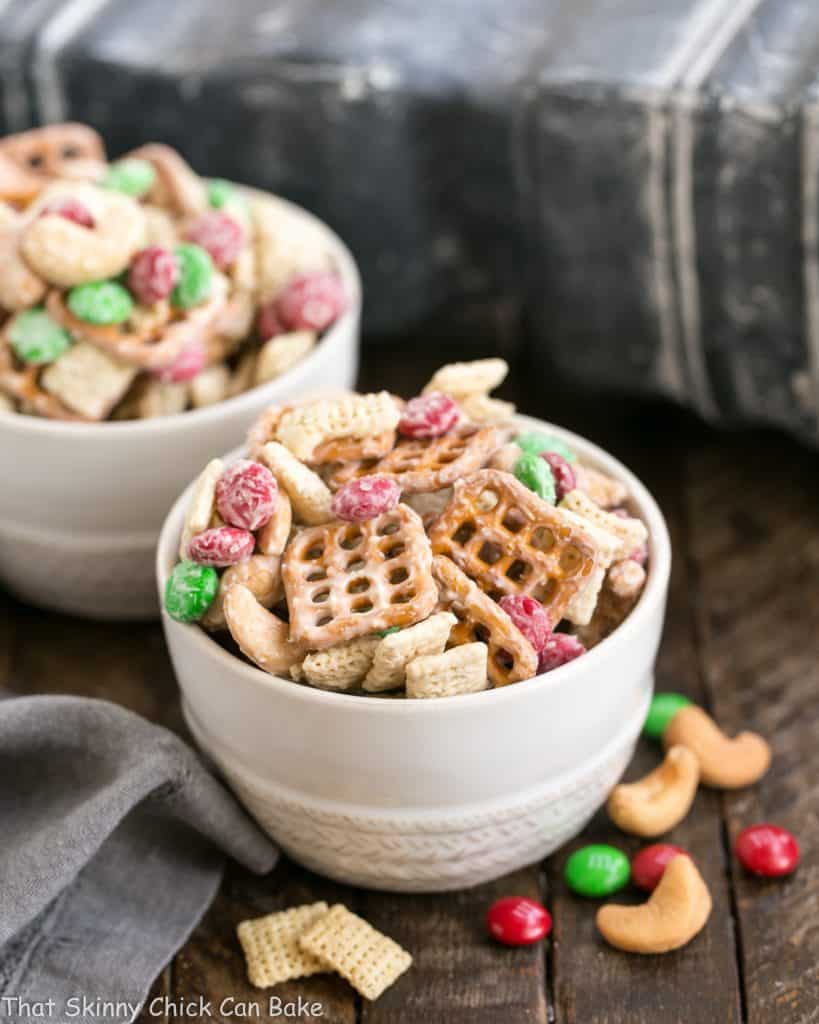 2 small bowls of holiday snack mix