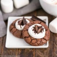 a square plate holding 2 marshmallow topped hot cocoa cookies