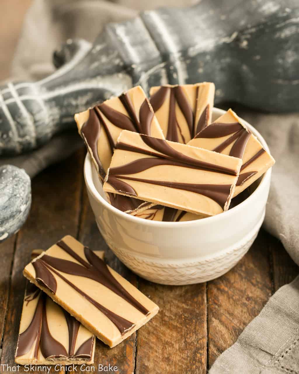 Peanut Butter Chocolate Tiger Bark in a small, white ceramic bowl.