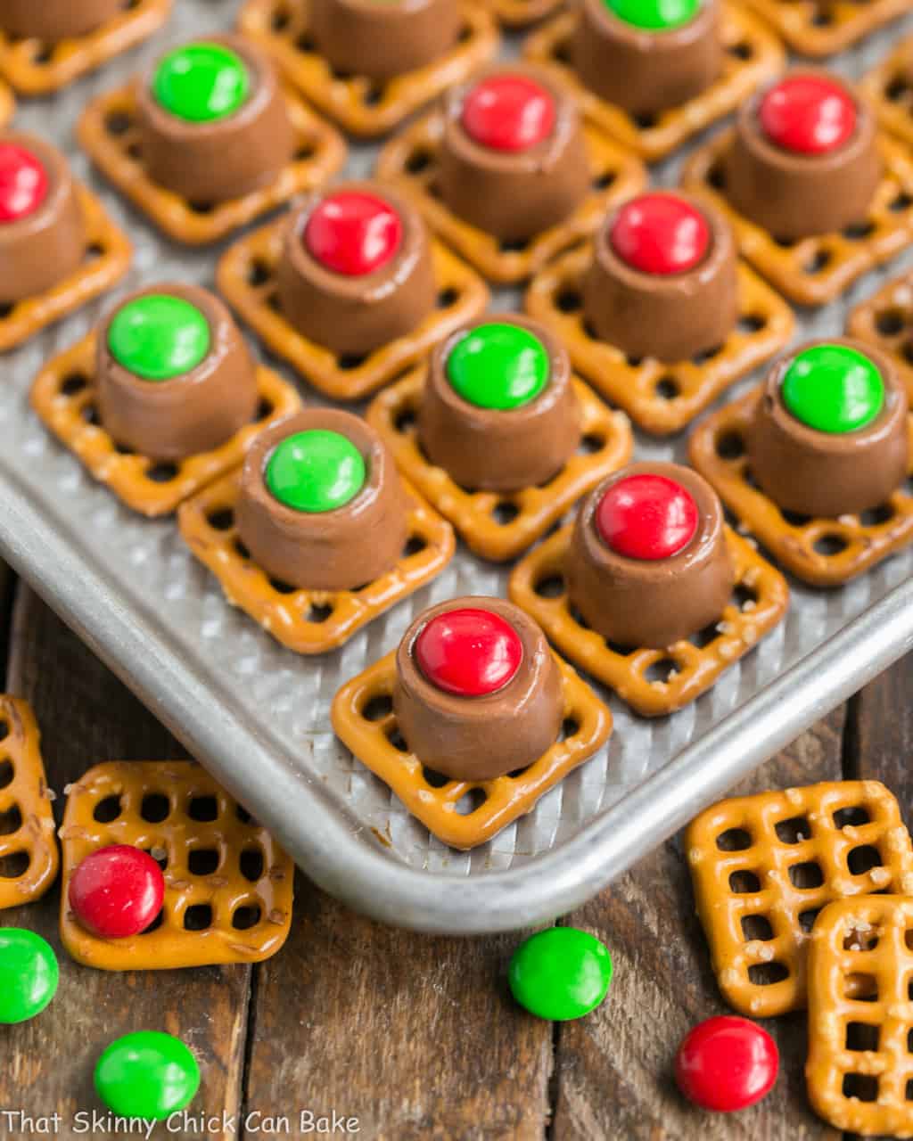 Easy Rolo Pretzel Bites on a sheet pan.