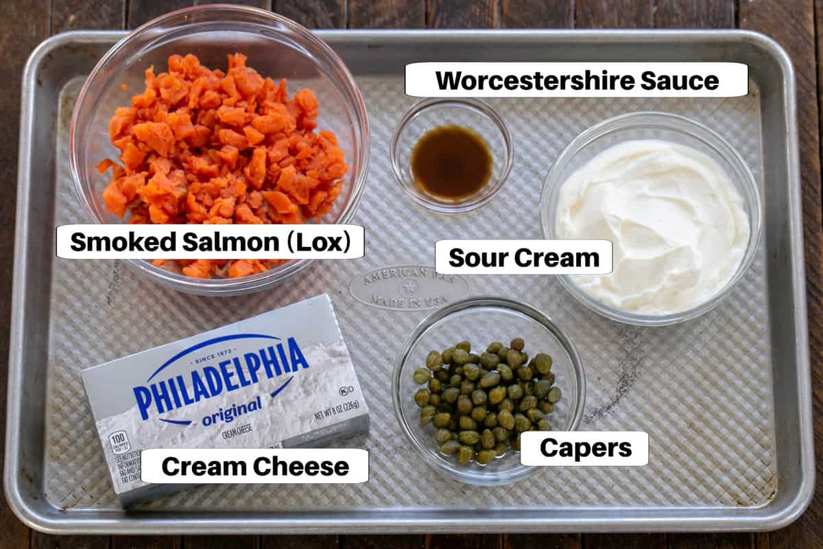 Smoked Salmon Dip Ingredients  with labels on a sheetpan.