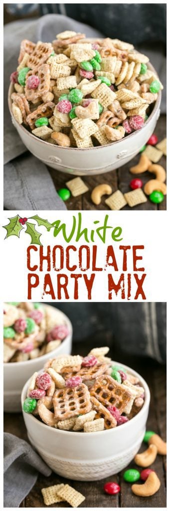 Holiday White Chocolate Cashew Party Mix | Chex, cashews, M&M's and more coated in luscious white chocolate!