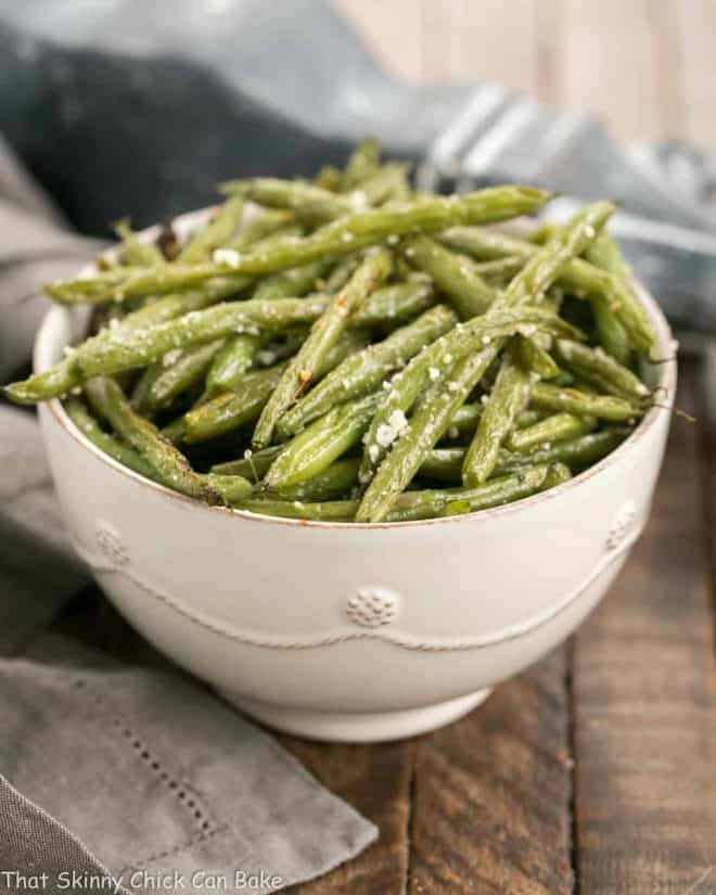 Garlic Parmesan Roasted Green Beans in a white bowl