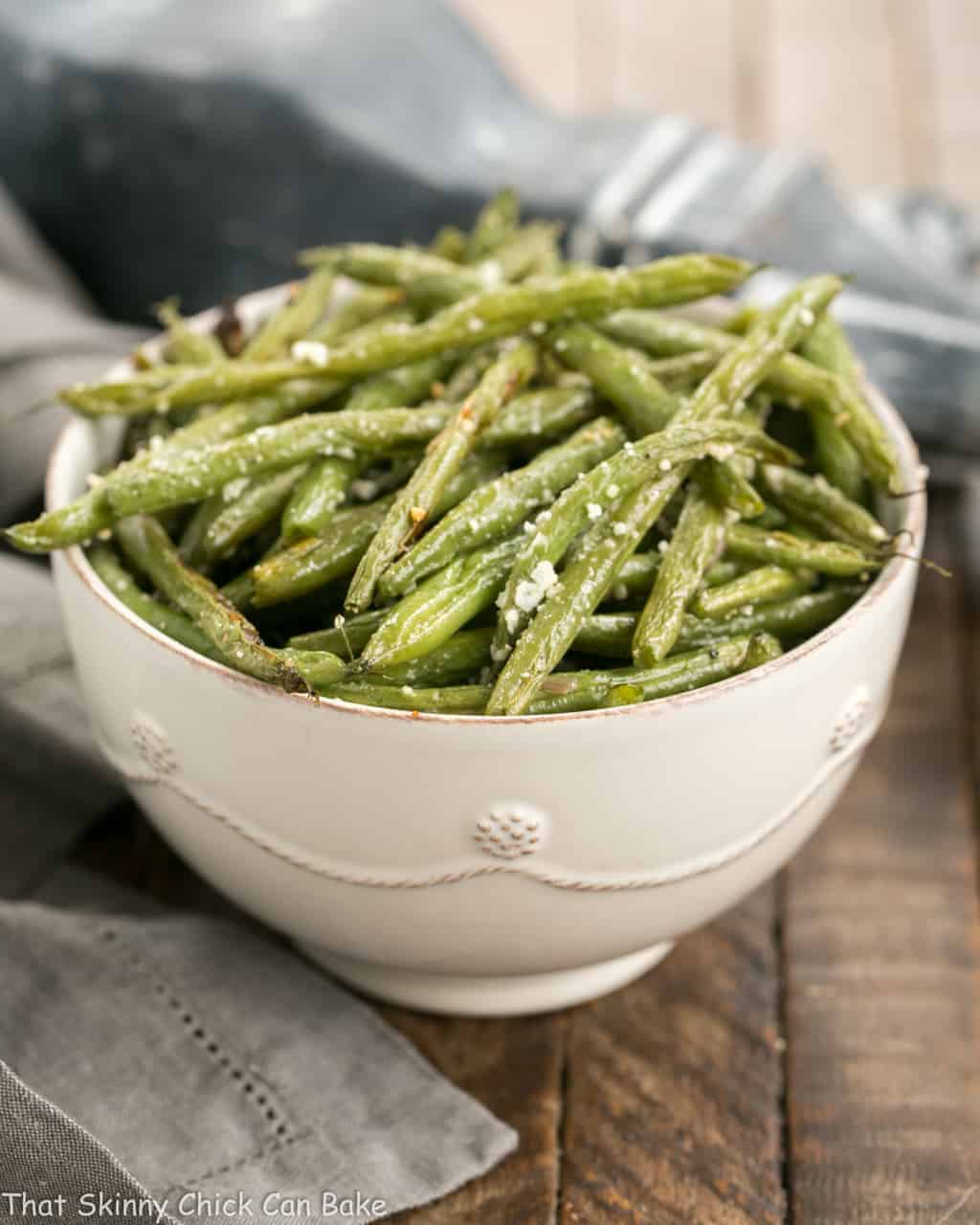 Garlic Parmesan Roasted Green Beans in a white bowl.