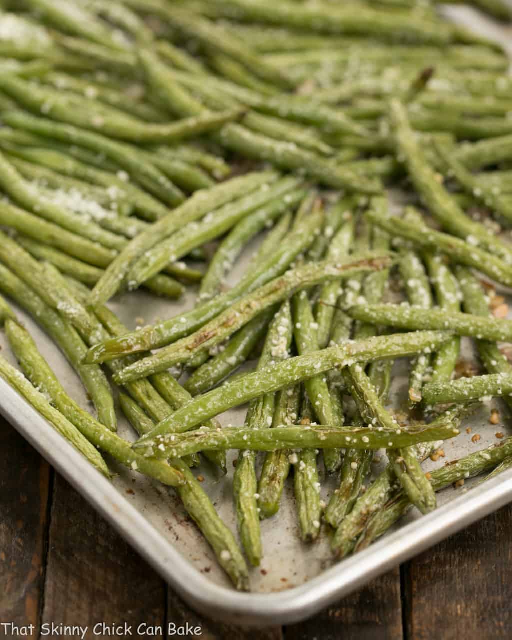 Garlic Parmesan Roasted Green Beans on a sheet pan.