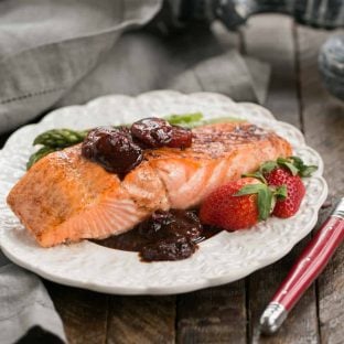 Strawberry Glazed Salmon | Roasted salmon brushed with a tasty, multifaceted strawberry sauce!