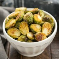 Honey Mustard Roasted Brussels Sprouts in white bowl