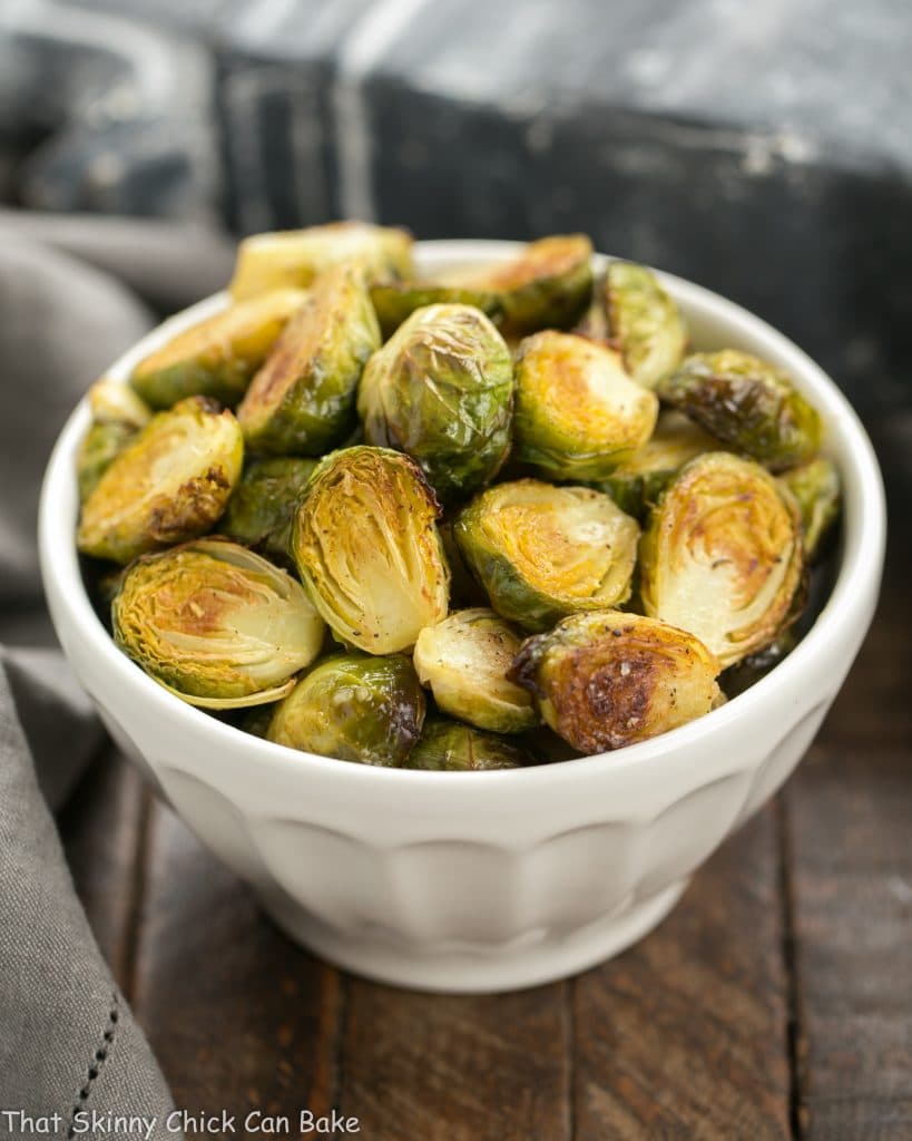Honey Mustard Roasted Brussels Sprouts in white bowl