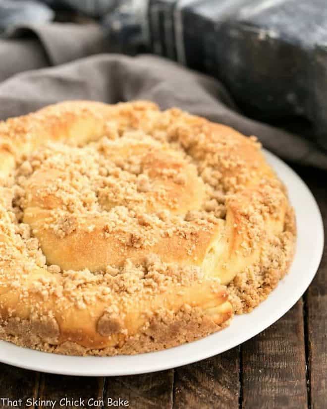Copycat Butter Streusel Copycat Recipe - I've WAY better than Sara Lee's version! Copycat Sara Lee Butter Streusel Coffeecake on a white serving plate