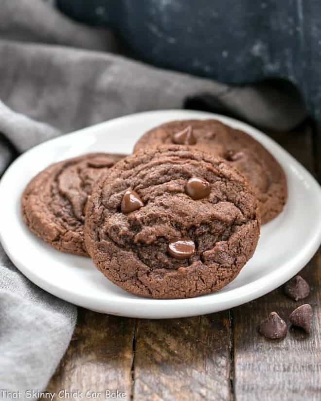 3 Dark Chocolate Pudding Cookies on a small white plate