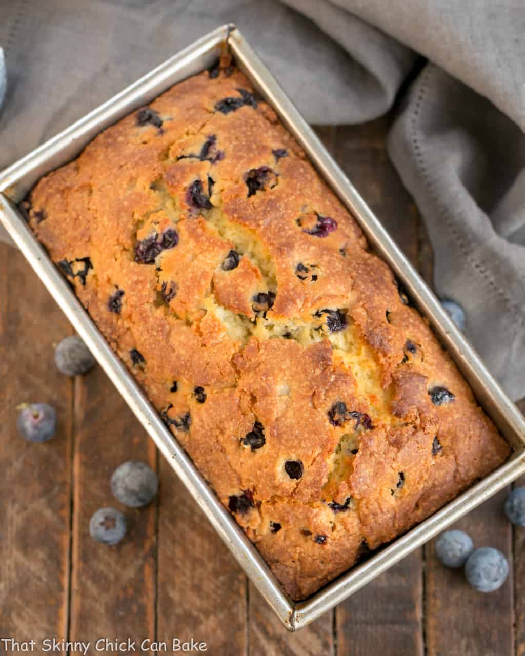 Overhead view of Lemon Blueberry Muffin Bread in a loaf pan.