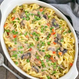 Tuna Noodle Casserole from Scratch in an oval white casserole dish
