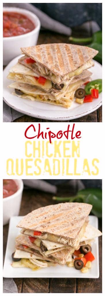 Irresistible, EASY Cheesy Chipotle Chicken Quesadillas with red bell peppers, onions, corn, and gooey Monterey jack cheese #quesadillas #chicken #easyrecipe