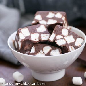 Chocolate marshmallow fudge in a white bowl