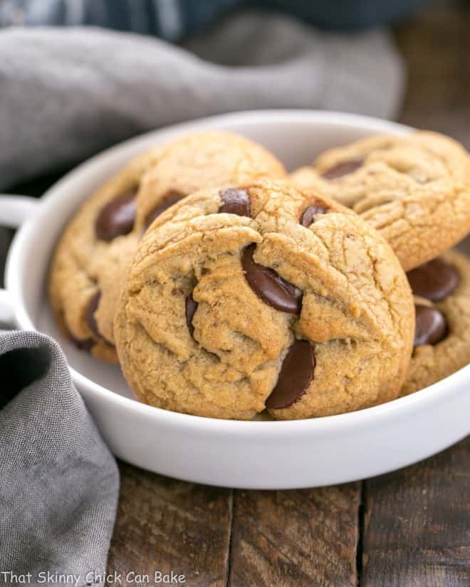 Brown Butter Chocolate Chip Cookies in a white bowl