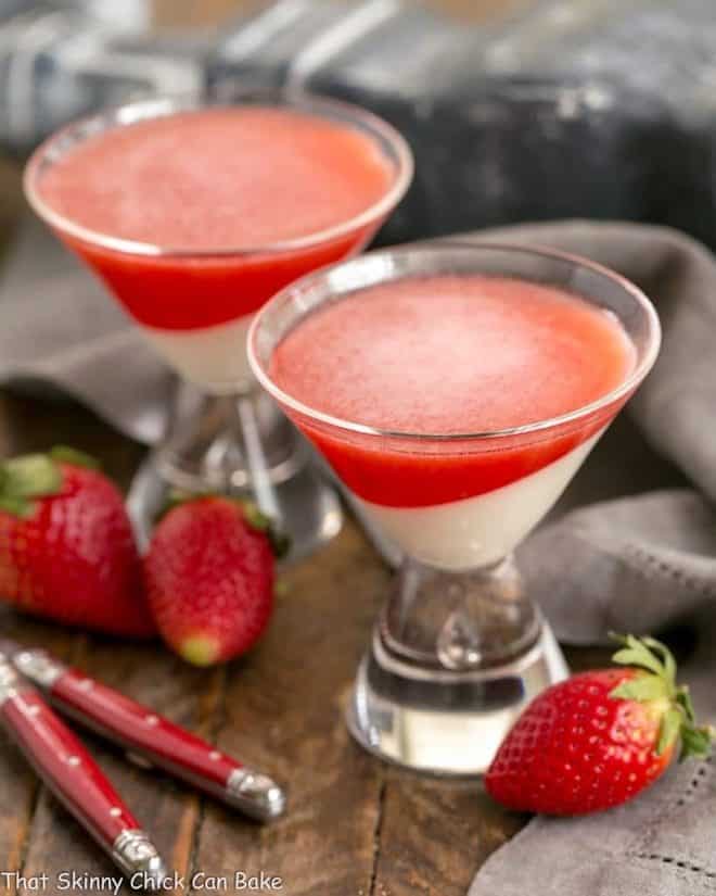  Two Vanilla Panna Cotta with Strawberry Gelée in martini glasses