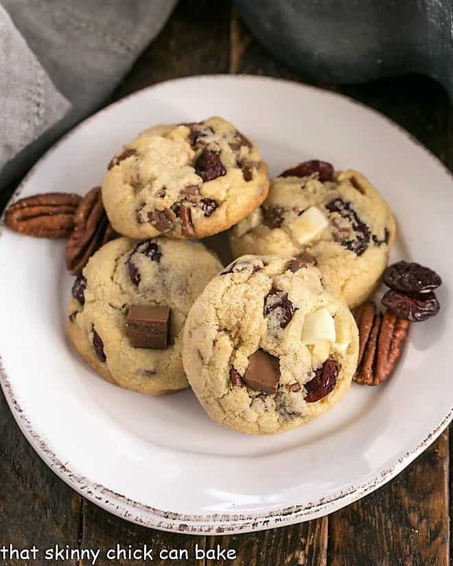 Overhead view of Cherry Chocolate Chunk Cookies on a round white plate