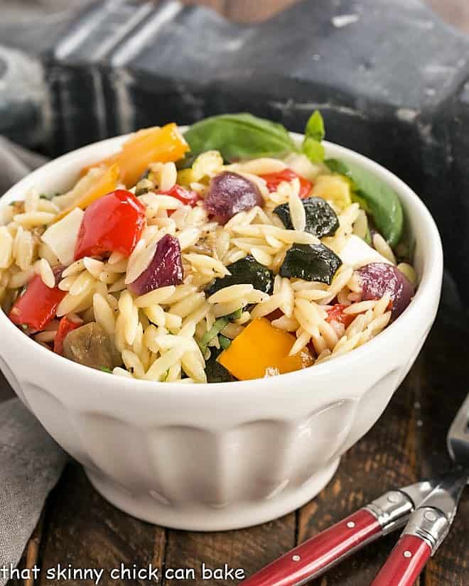 Orzo Salad with Roasted Vegetables in a white bowl.