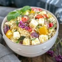 Roasted Vegetable Salad with Orzo, Mozzarella and Basil - a delicious pasta salad that's perfect for any gathering!