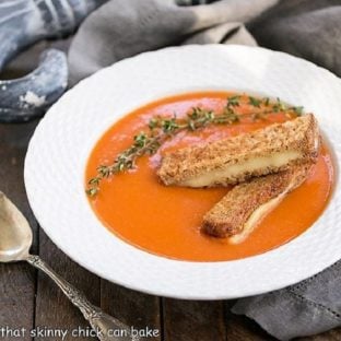 Thyme Kissed Tomato Soup in a white basket weave bowl