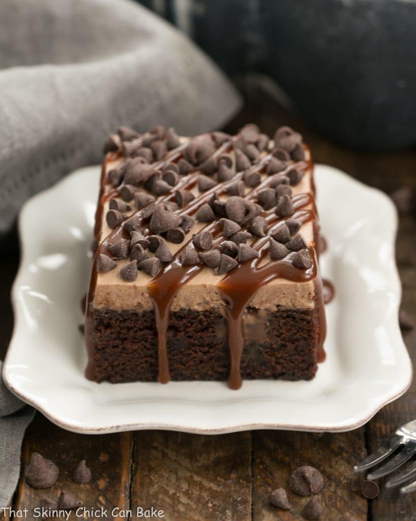 Chocolate Kahlua Poke Cake on a small plate