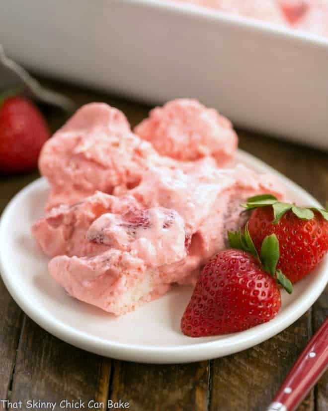 Strawberry Angel Food Dessert - a no bake dessert with angel food cake cubes, strawberries and cream!