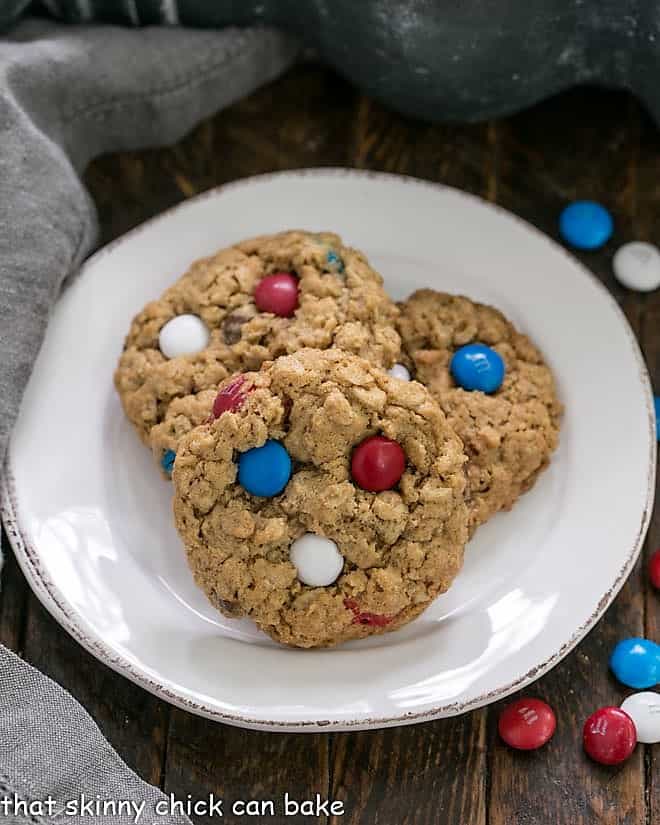 Patriotic Monster Cookies on a small round white plate