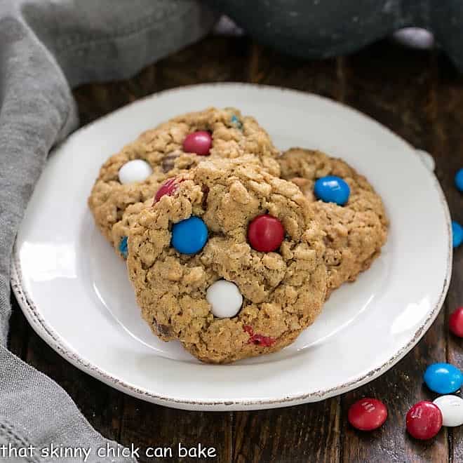 Patriotic Monster Cookies on a round white plate